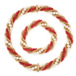 A VINTAGE CORAL AND PEARL TORSADE NECKLACE AND BRACELET SUITE, BEN ROSENFELD 1963-64 in 18ct