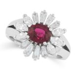 A RUBY AND DIAMOND CLUSTER RING set with an oval cut ruby of 1.46 carats in a border of tapered