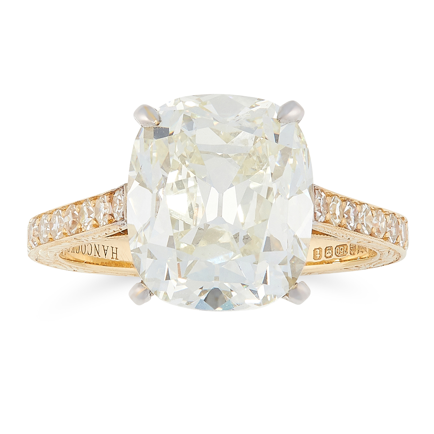 A 5.72 CARAT DIAMOND RING in 18ct yellow gold, claw set with an antique cushion cut diamond of 5.