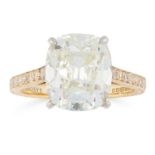 A 5.72 CARAT DIAMOND RING in 18ct yellow gold, claw set with an antique cushion cut diamond of 5.