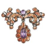 AN ANTIQUE TOPAZ AND AMETHYST BROOCH, PORTUGESE 18TH CENTURY in silver, the scrolling body