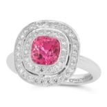 AN UNHEATED PINK SAPPHIRE AND DIAMOND CLUSTER RING in platinum, set with an unheated square