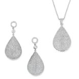 A DIAMOND PENDANT AND EARRINGS SUITE comprising a pair of earrings, pendant and chain, in teardrop