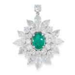 AN EMERALD AND DIAMOND CLUSTER PENDANT set with an oval cut emerald of 0.99 carats in a border of