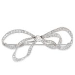 AN ANTIQUE DIAMOND BOW BROOCH in platinum, designed as a double looped bow, set with 3.8-4.2