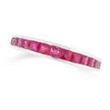 A RUBY HALF ETERNITY RING in platinum, set with a