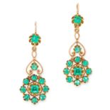 A PAIR OF ANTIQUE EMERALD EARRINGS in open scrolling design set with emerald and cushion cut emerald