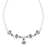 A MOONSTONE NECKLACE the beaded chain suspending Celtic style links set with five oval cabochon