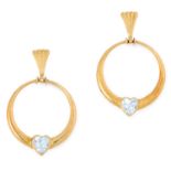 A PAIR OF GOLD HOOP EARRINGS in yellow gold, each hoop set with a heart cut blue gemstone, 3.8cm,