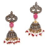 A PAIR OF INDIAN DIAMOND, PEARL AND RUBY EARRINGS set with oval brilliant cut rubies, round cut