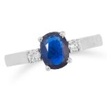 SAPPHIRE AND DIAMOND THREE STONE RING set with an