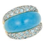 A BLUE HARDSTONE BOMBE RING, set with a blue hard stone and round cut blue stones, size M / 6, 7.1g.