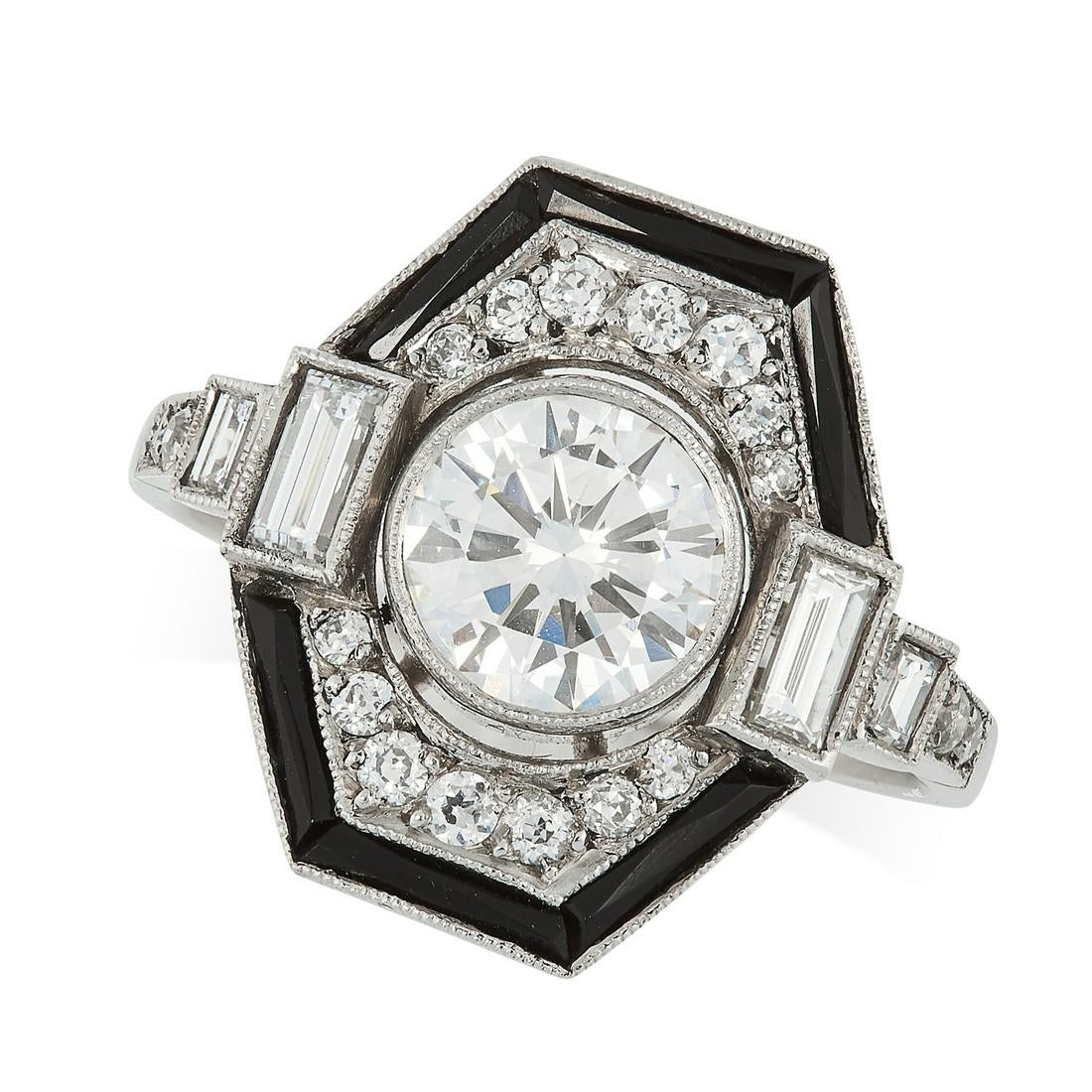 A DIAMOND AND ONYX DRESS RING in Art Deco design,