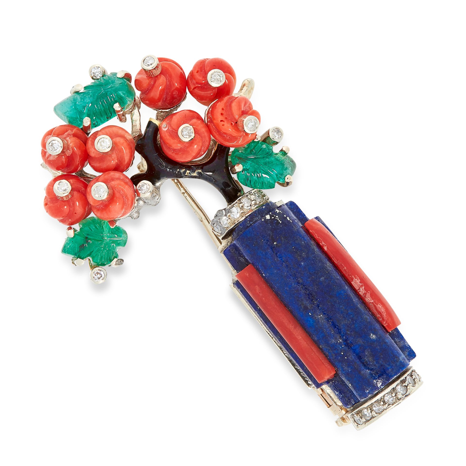 A CORAL, EMERALD, LAPIS LAZULI, DIAMOND AND ENAMEL FLOWER BROOCH, CIRCA 1950 in 18ct gold,