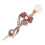 AN ANTIQUE PEARL, RUBY AND DIAMOND BROOCH depictin