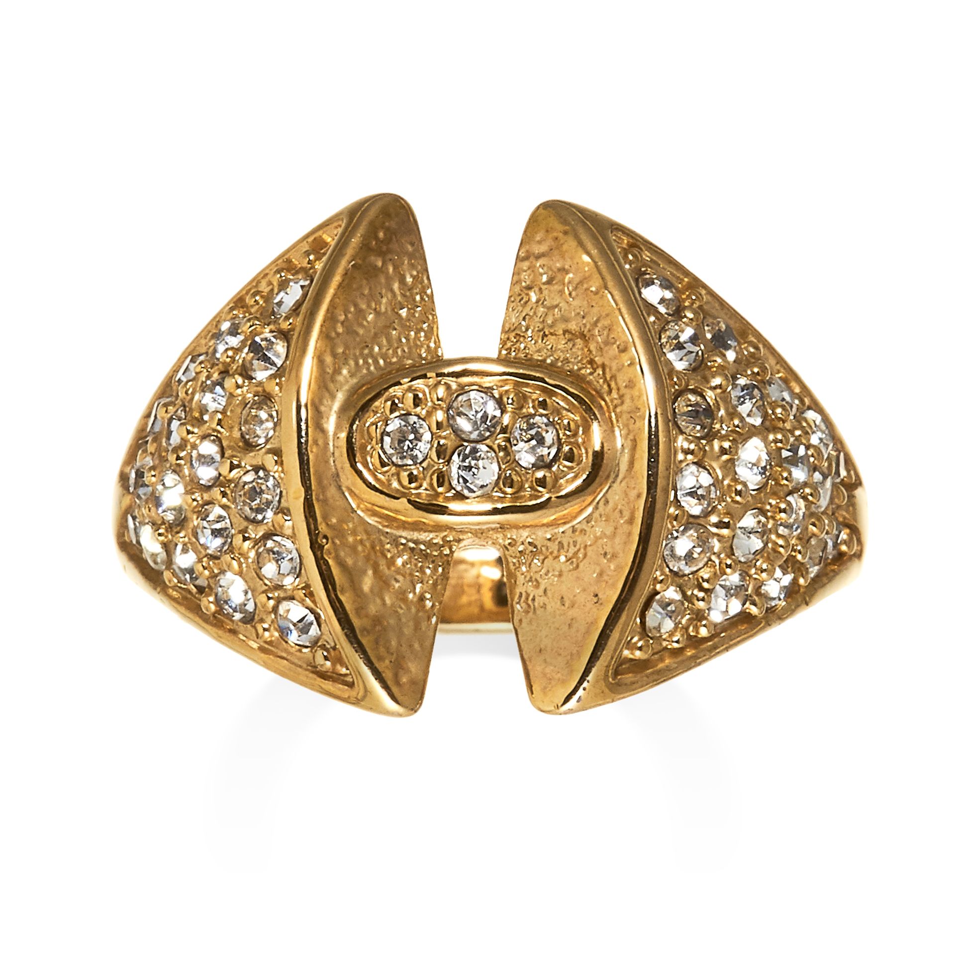 A DIAMOND DRESS RING the central oval motif set with round cut diamonds, between tapering