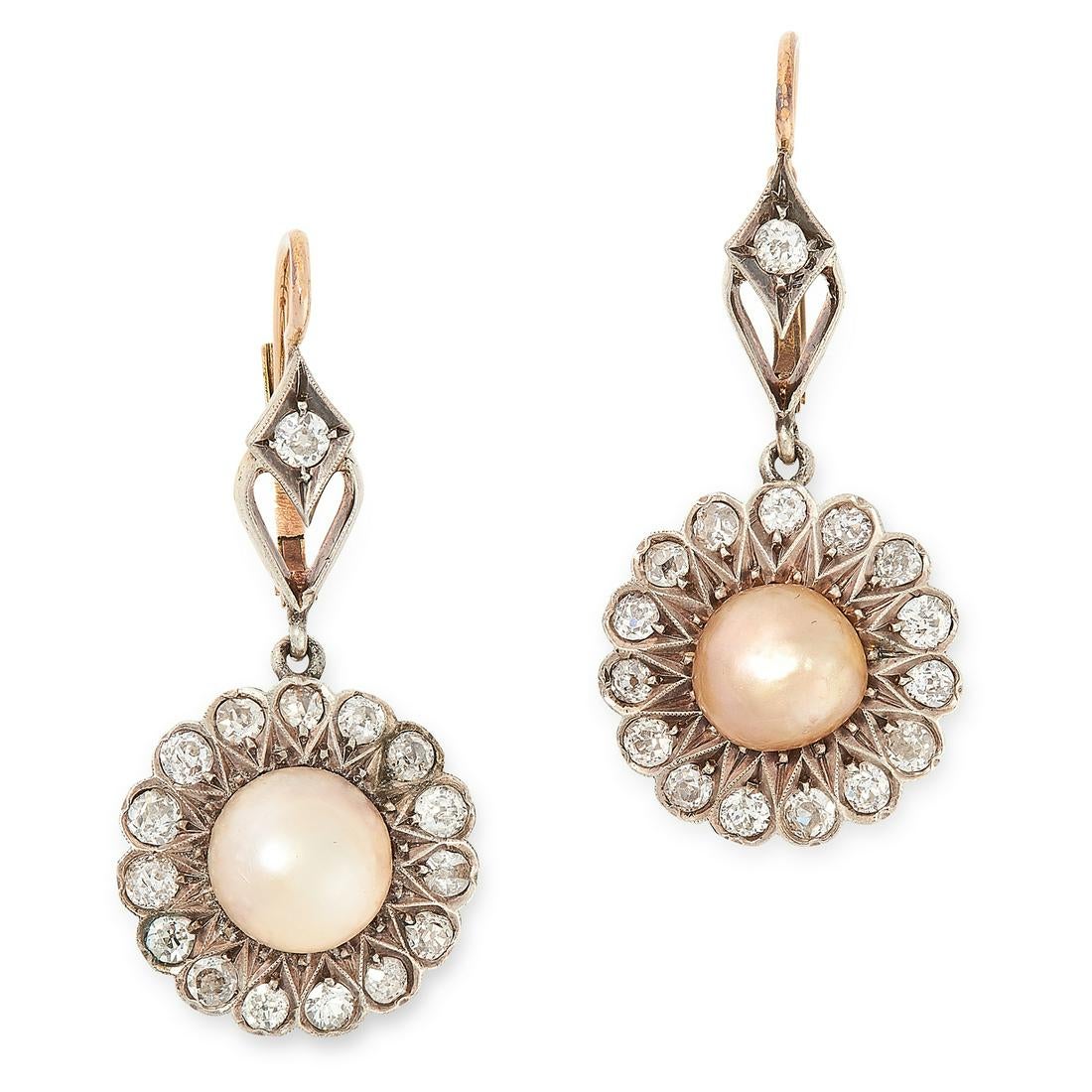 A PAIR OF ANTIQUE PEARL AND DIAMOND EARRINGS each