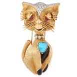 A DIAMOND, RUBY, TURQUOISE AND ENAMEL CAT BROOCH,
