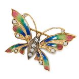 AN ANTIQUE GEMSET BUTTERFLY BROOCH set with pearls, round cut rubies and emeralds, 6.7cm, 5.6g.