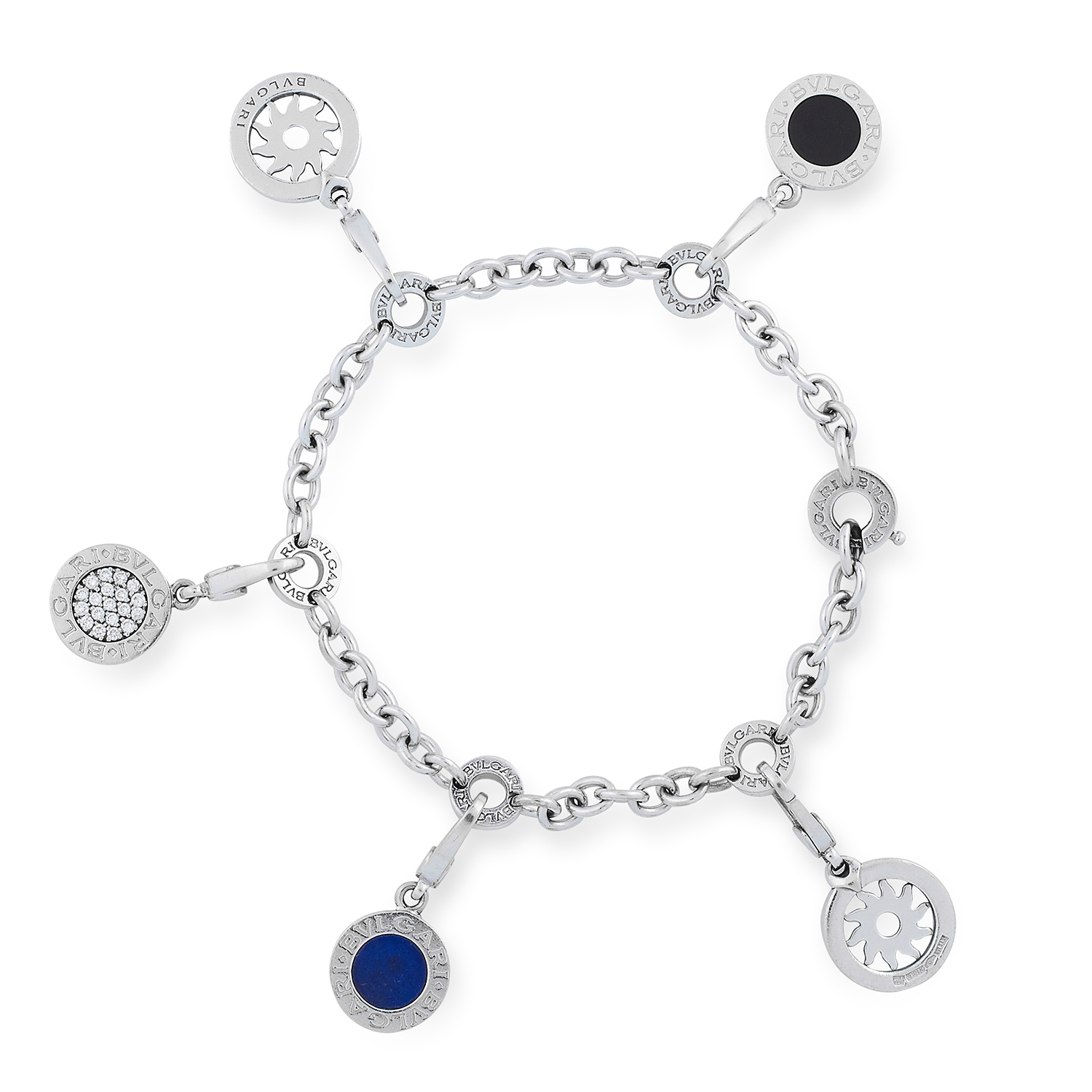 A LAPIS LAZULI, ONYX AND DIAMOND CHARM BRACELET, B