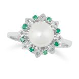 THREE GEMSET RINGS consisting of a pearl and emerald cluster ring, an emerald and diamond cluster