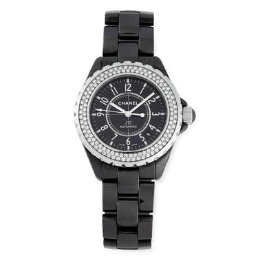 A LADIES J12 DIAMOND WATCH, CHANEL in black cerami