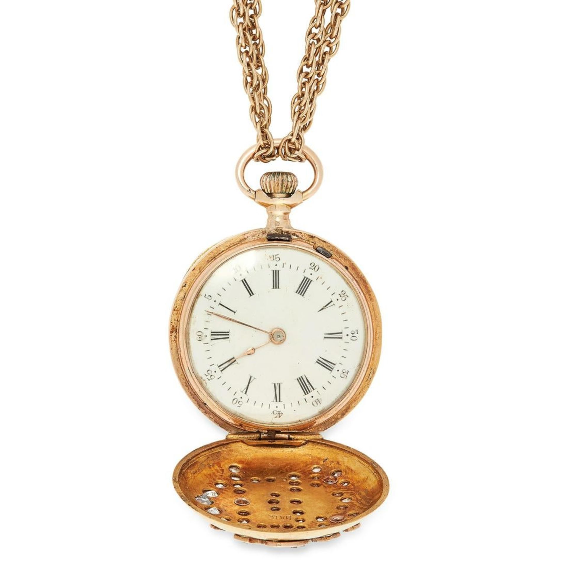 AN ANTIQUE DIAMOND POCKET WATCH AND CHAIN set with rose cut diamonds, 4cm, 35g. - Bild 2 aus 2