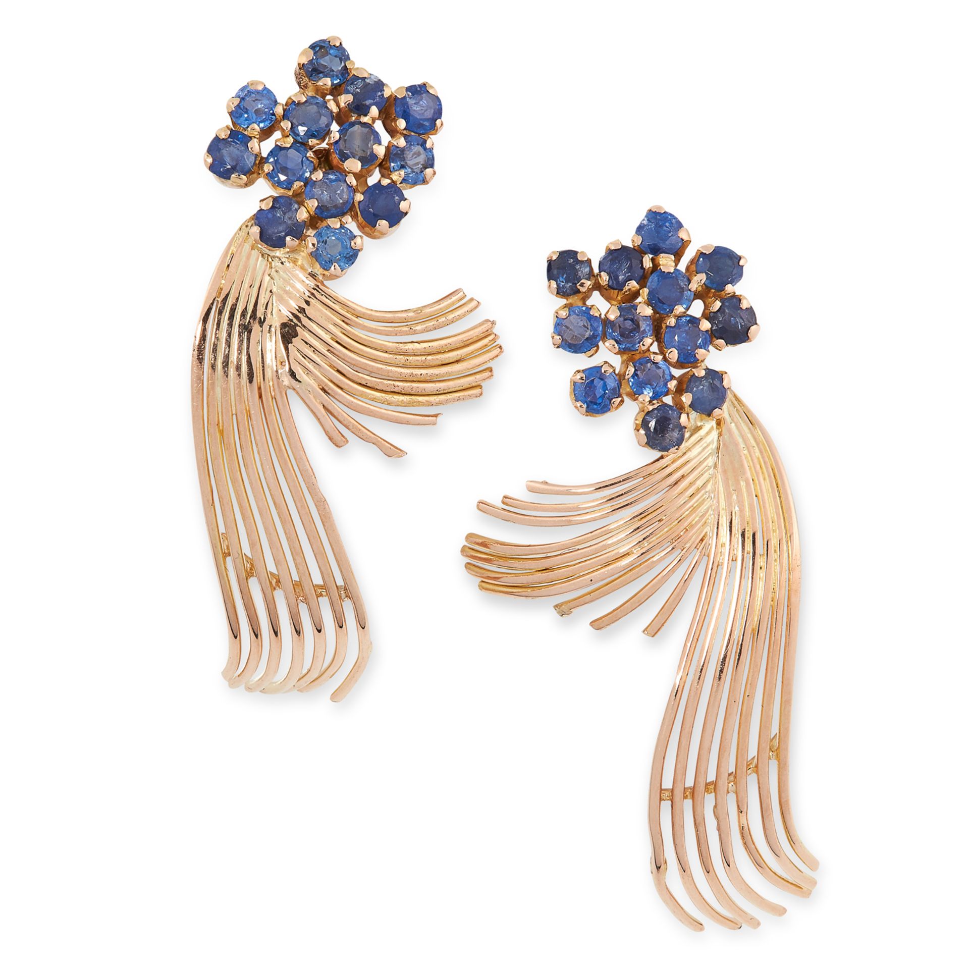 A PAIR OF VINTAGE SAPPHIRE CLUSTER EARRINGS set with round cut sapphires, with an abstract gold