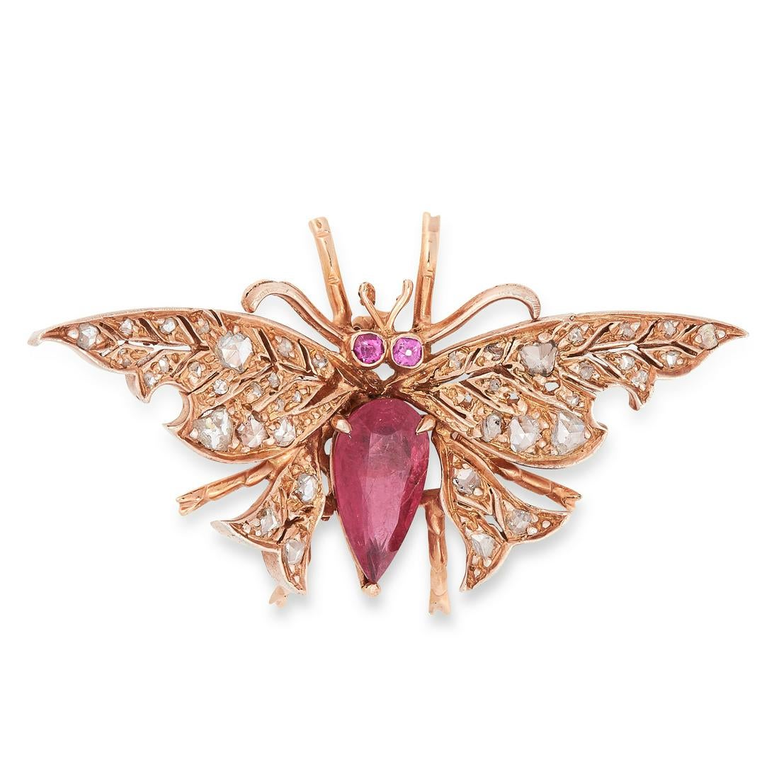 A RUBY AND DIAMOND BUTTERFLY PENDANT, CIRCA 1930 set with a principal pear cut ruby, accented by