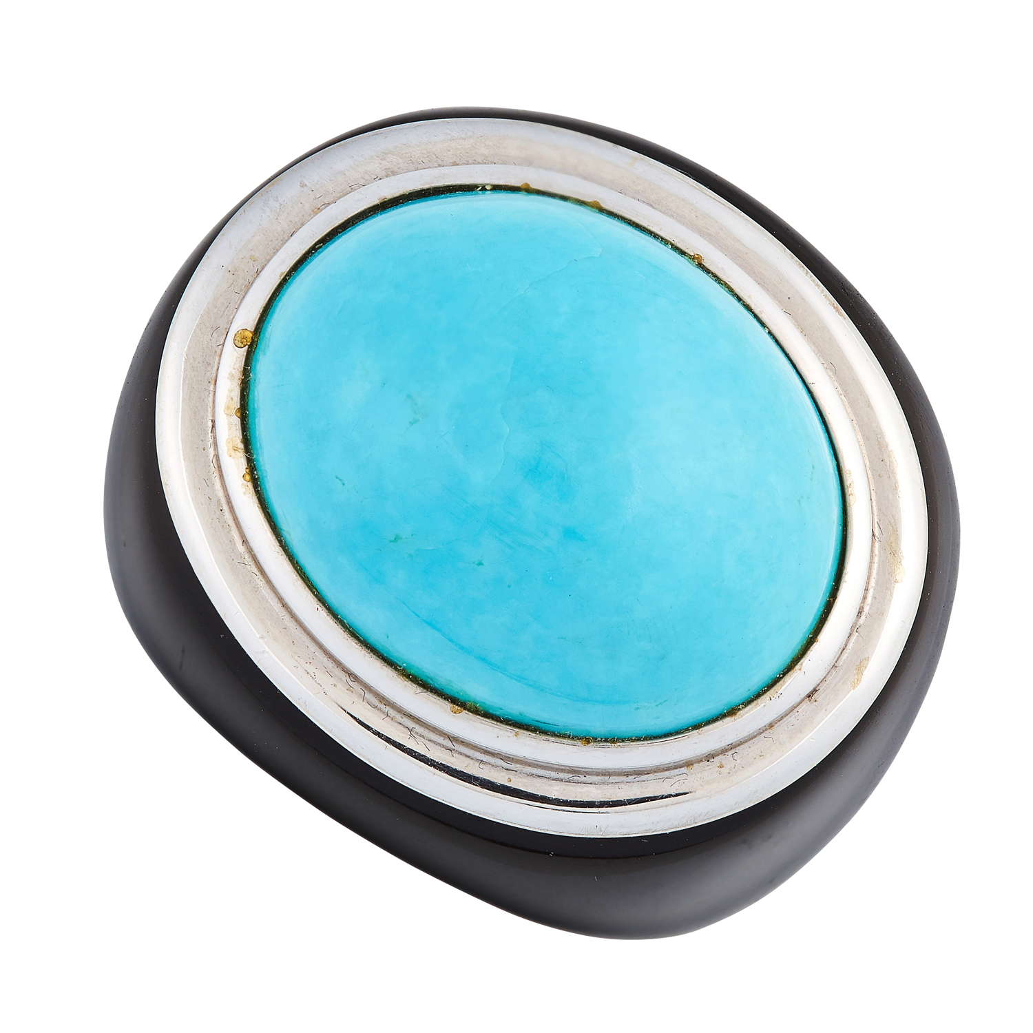 A TURQUOISE AND ONYX DRESS RING comprising of a polished onyx shank set with an oval turquoise