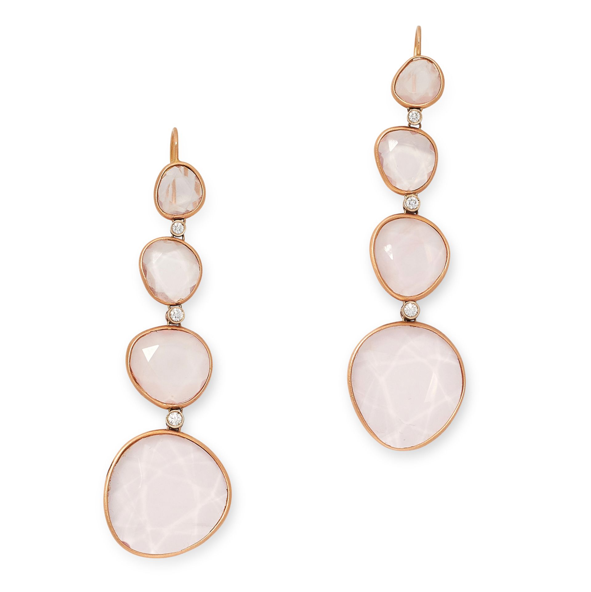 A PAIR OF ROSE QUARTZ AND DIAMOND EARRINGS each set with four graduated faceted rose quarts