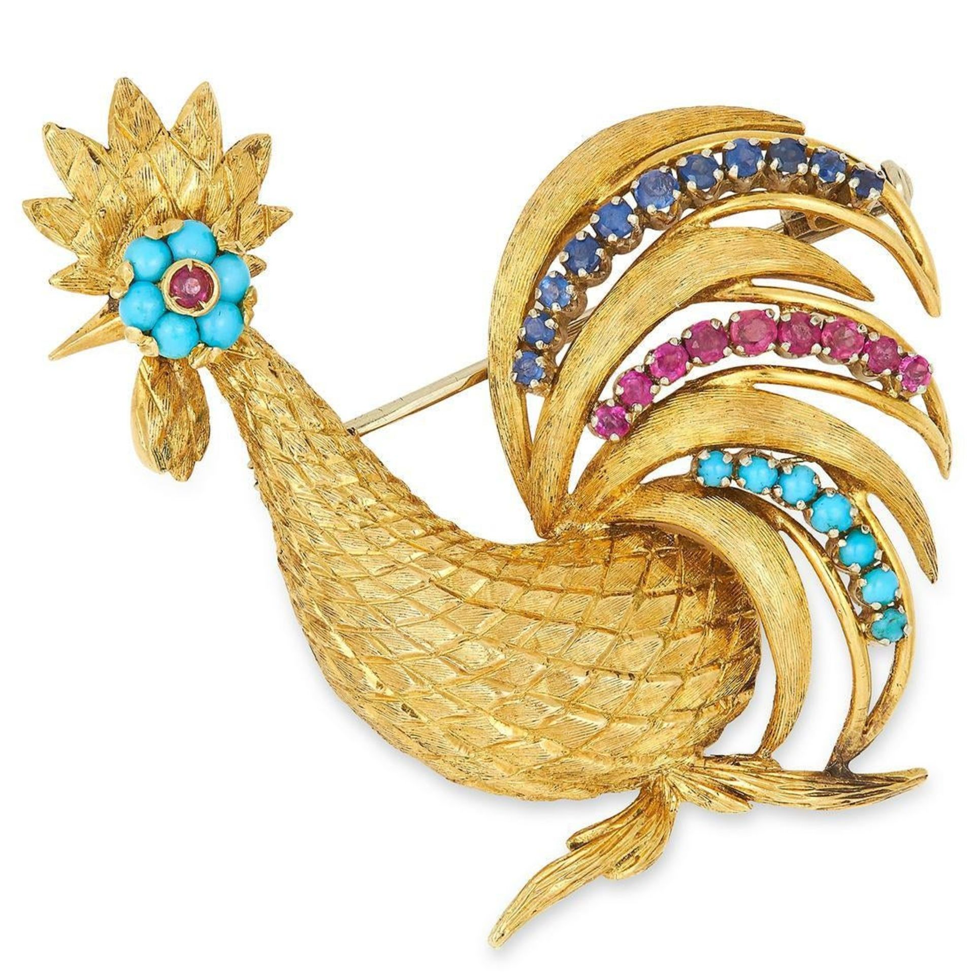 A VINTAGE RUBY, SAPPHIRE AND TURQUOISE COCKEREL BR