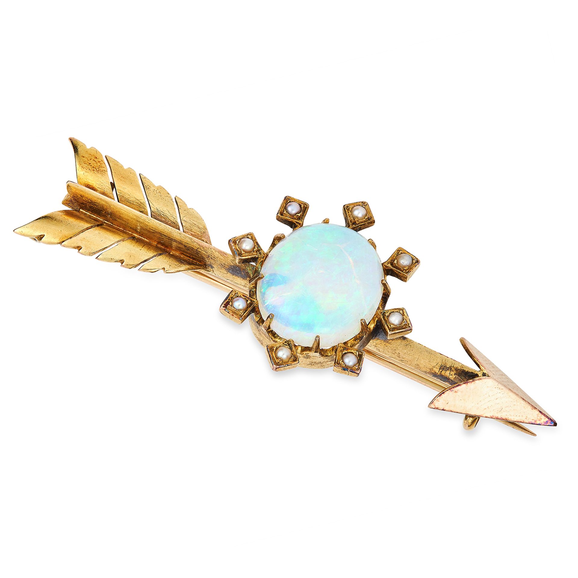 OPAL AND PEARL ARROW BROOCH set with a cabochon opal and seed pearls, 6.2cm, 9.7g.