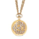 AN ANTIQUE DIAMOND POCKET WATCH AND CHAIN set with rose cut diamonds, 4cm, 35g.