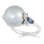 A PEARL, SAPPHIRE AND DIAMOND RING set with a central pearl of 14.1mm, between trefoil motif