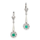 A PAIR OF EMERALD DROP EARRINGS each formed of a b