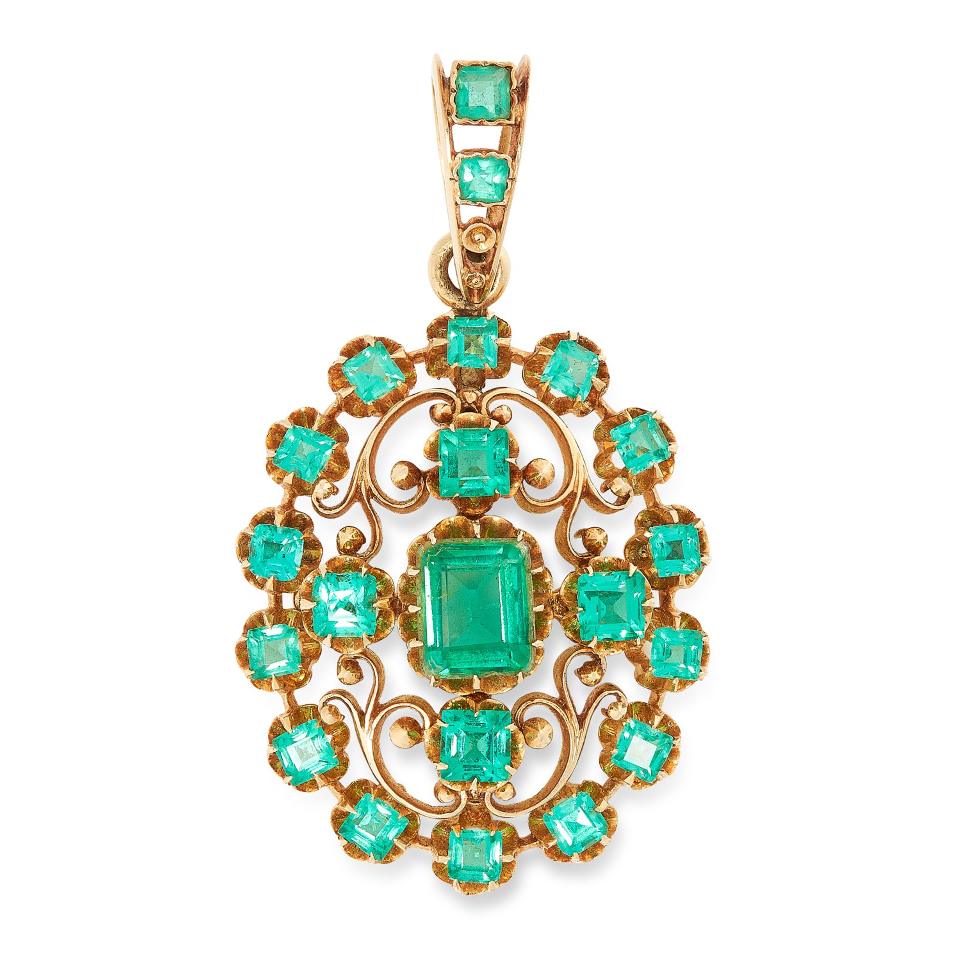 AN ANTIQUE EMERALD PENDANT in open scrolling design set with emerald and square cut emerald doublets