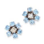 A PAIR OF BLUE TOPAZ AND DIAMOND CLUSTER STUD EARR