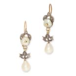 A PAIR OF ANTIQUE PEARL AND DIAMOND EARRINGS set with pearls and rose cut diamonds, 4.2cm, 5.8g.