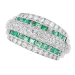 AN EMERALD AND DIAMOND BOMBE RING set with alterna