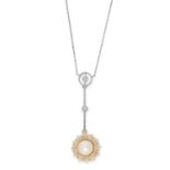 AN ANTIQUE NATURAL PEARL AND DIAMOND PENDANT NECKLACE in high carat yellow gold and platinum, set