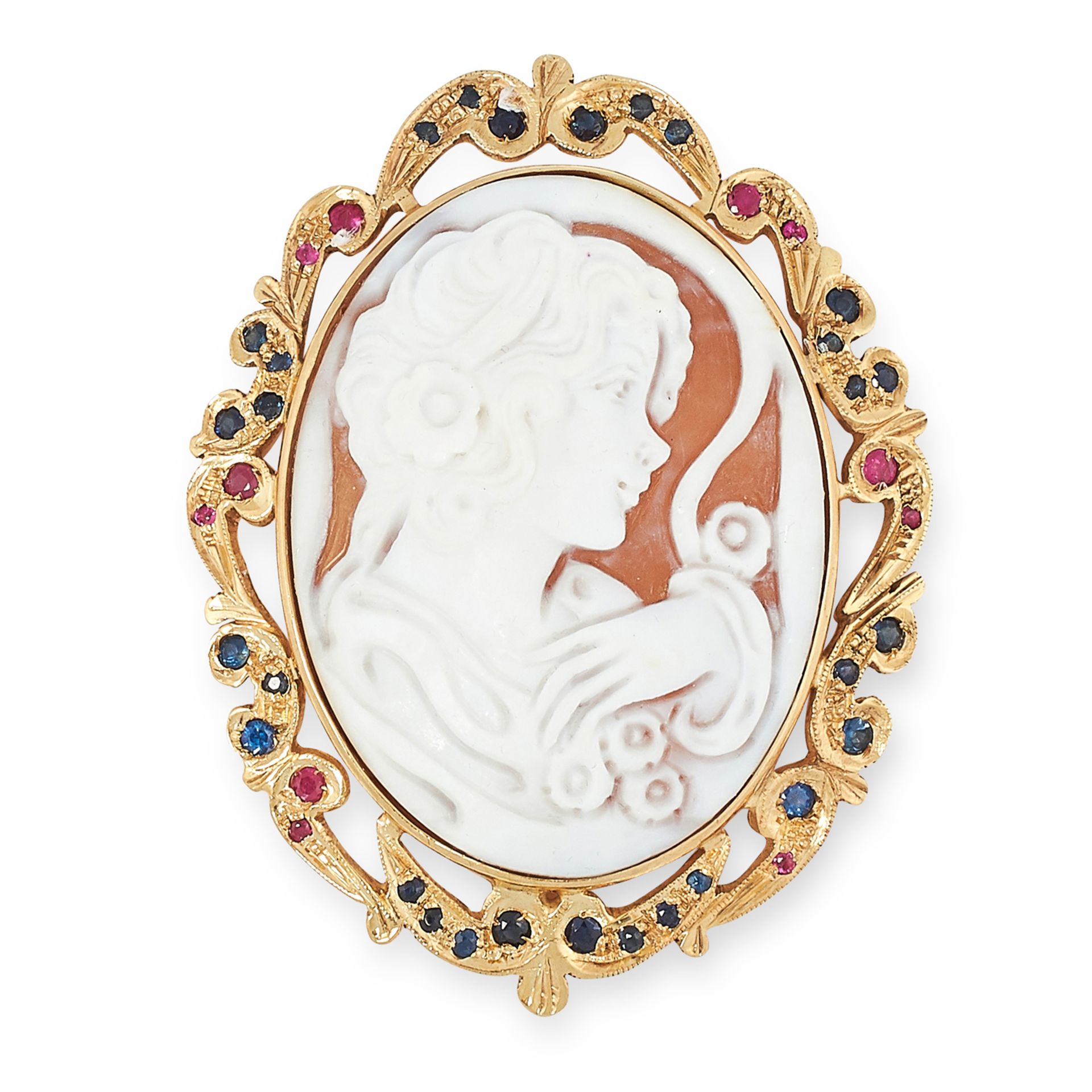 AN ANTIQUE SHELL CAMEO depicting a lady with flowers, in an ornate border set with round cut