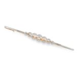 AN ANTIQUE PEARL AND DIAMOND BAR BROOCH set with rose and old round cut diamonds and pearls, 8cm,