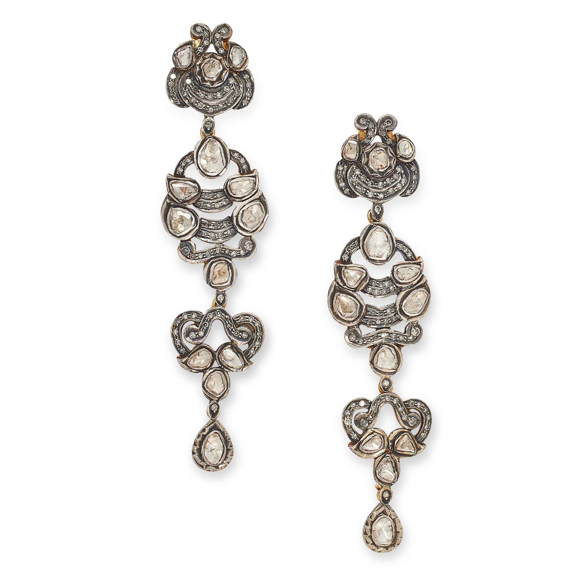A PAIR OF ANTIQUE INDIAN DIAMOND EARRINGS set with diamond slices, 9cm, 27.6g.