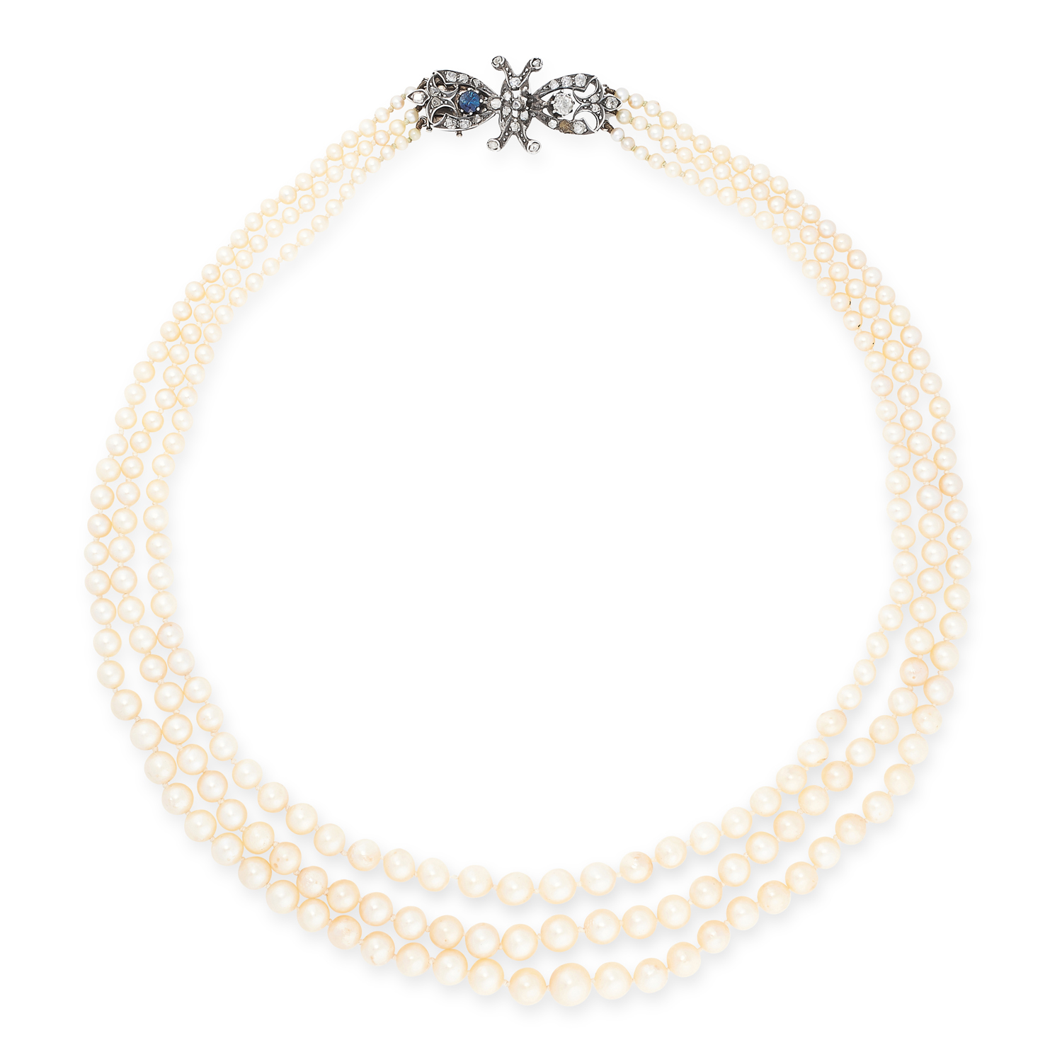 AN ANTIQUE PEARL, DIAMOND AND SAPPHIRE NECKLACE comprising of three rows of pearls ranging from 2.