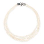 AN ANTIQUE PEARL, DIAMOND AND SAPPHIRE NECKLACE comprising of three rows of pearls ranging from 2.