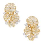 A PAIR OF FANCY YELLOW AND WHITE DIAMOND FLORAL CLUSTER EARRINGS set with floral bursts of round and