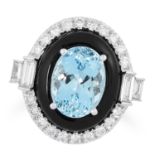 AN AQUAMARINE, ONYX AND DIAMOND DRESS RING set wit