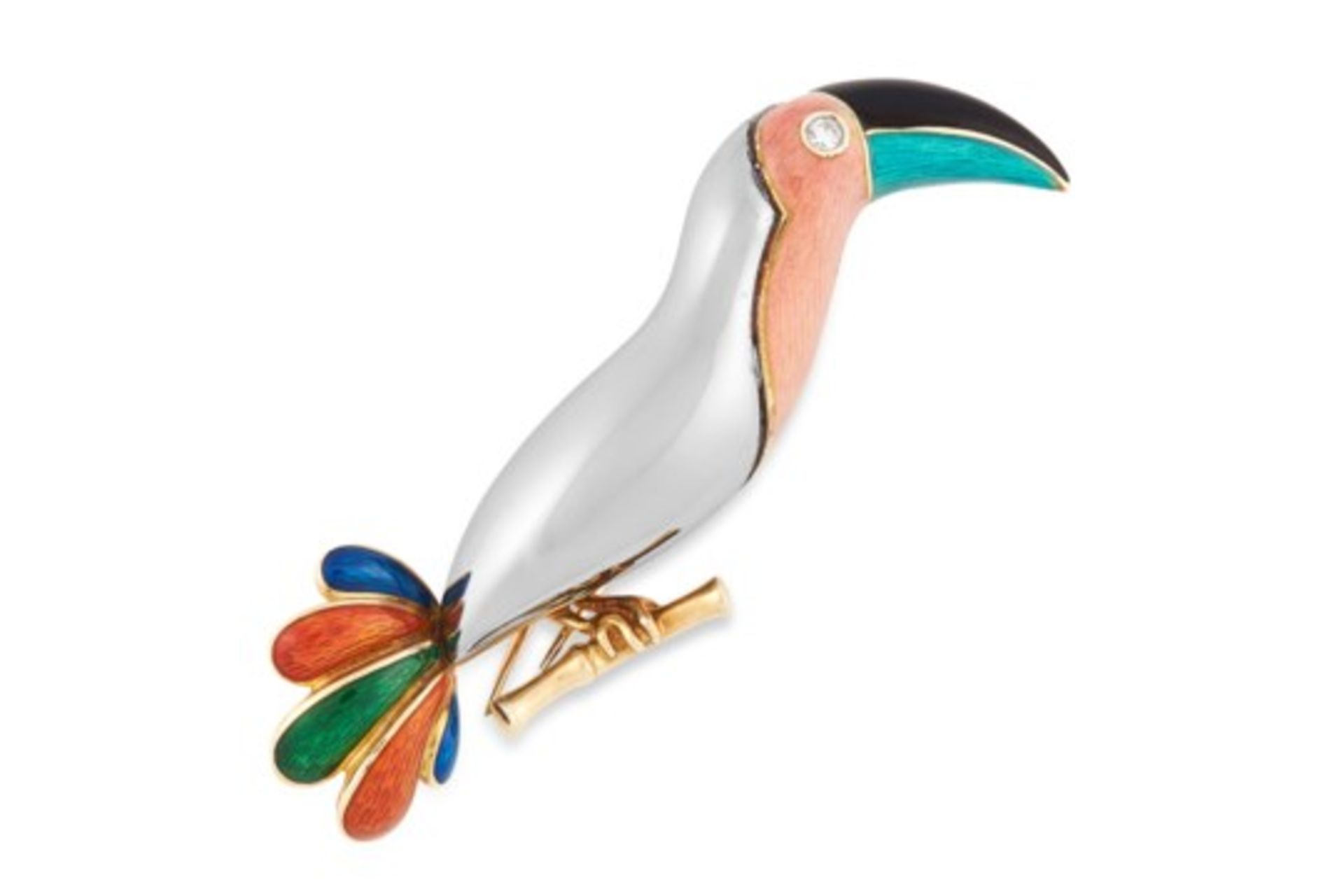 AN ENAMEL, HEMATITE AND DIAMOND NOVELTY TUCAN BIRD