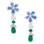 A PAIR OF SAPPHIRE, DIAMOND AND EMERALD DROP EARRINGS in floral clusters set with cabochon sapphires